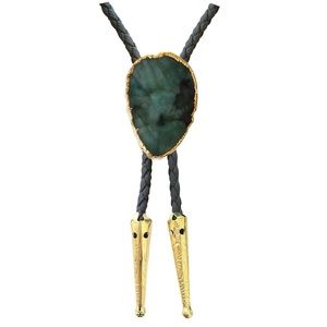 Emerald Green Gold Trim Bolo Tie with Grey Braided Vegan Leather Cord